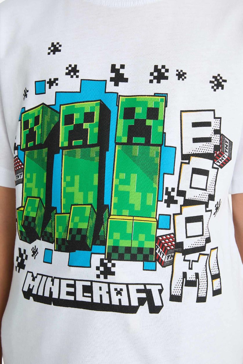 Erkek Çocuk - Genç Erkek Beyaz Minecraft Bisiklet Yaka Kısa Kollu Tişört Erkek Çocuk
