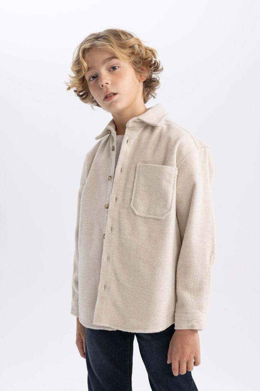 Erkek Çocuk - Genç Erkek Açık Bej Erkek Çocuk Oversize Geniş Kalıp Yün Görünümlü Uzun Kollu Gömlek