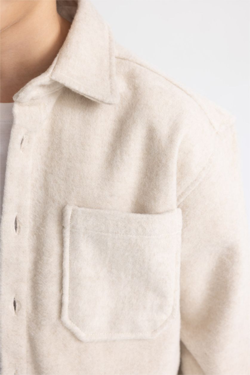 Erkek Çocuk - Genç Erkek Açık Bej Erkek Çocuk Oversize Geniş Kalıp Yün Görünümlü Uzun Kollu Gömlek