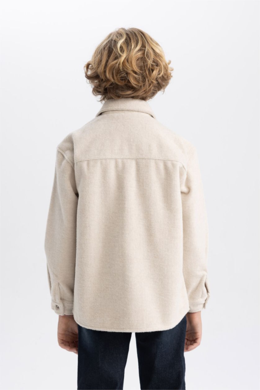 Erkek Çocuk - Genç Erkek Açık Bej Erkek Çocuk Oversize Geniş Kalıp Yün Görünümlü Uzun Kollu Gömlek