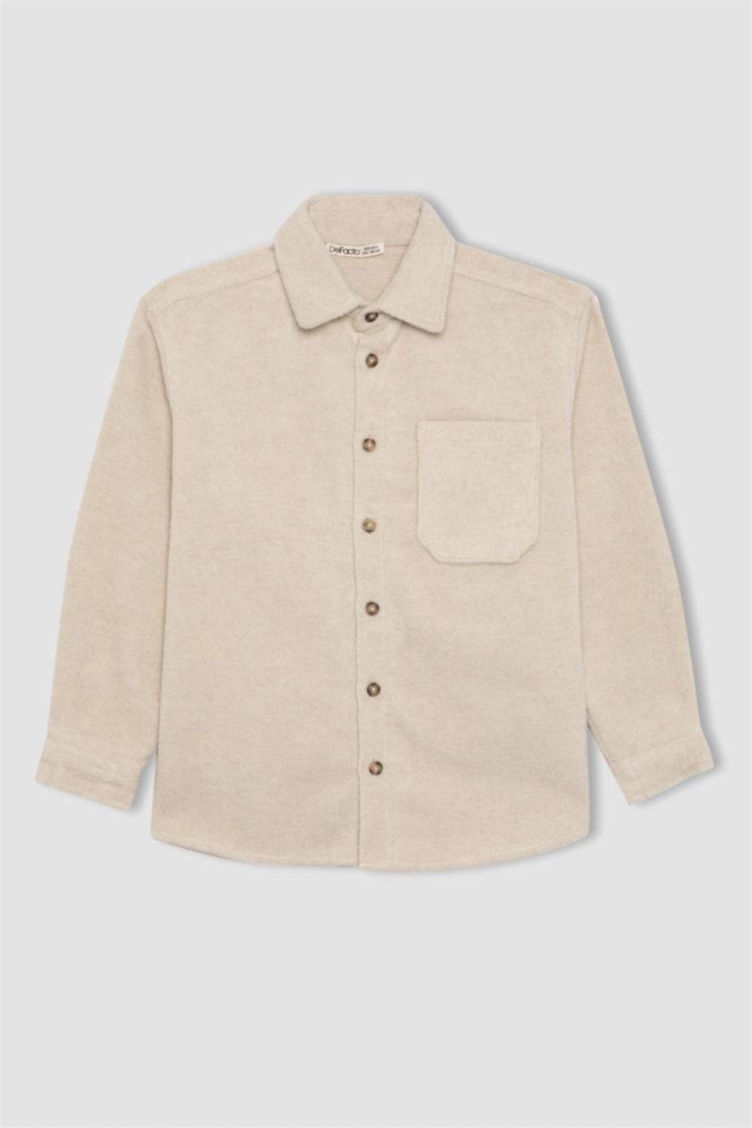 Erkek Çocuk - Genç Erkek Açık Bej Erkek Çocuk Oversize Geniş Kalıp Yün Görünümlü Uzun Kollu Gömlek