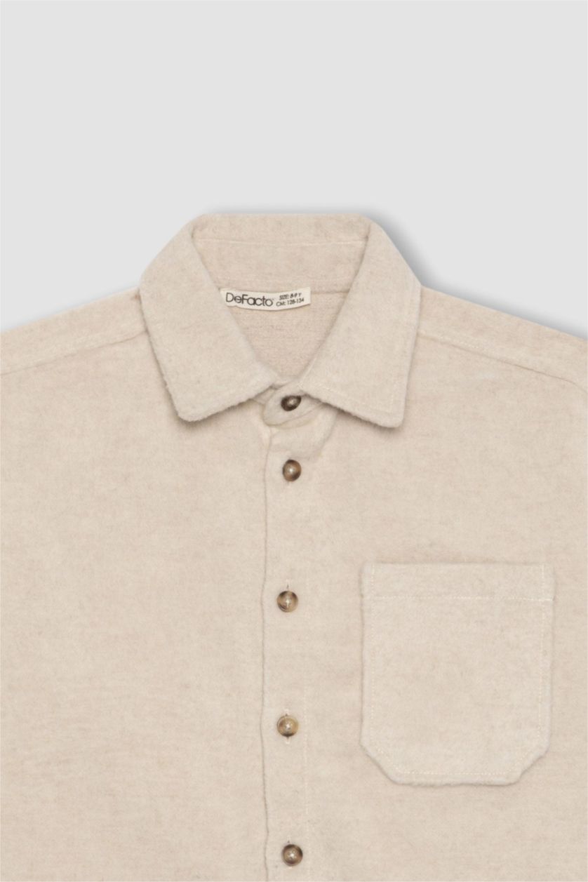 Erkek Çocuk - Genç Erkek Açık Bej Erkek Çocuk Oversize Geniş Kalıp Yün Görünümlü Uzun Kollu Gömlek