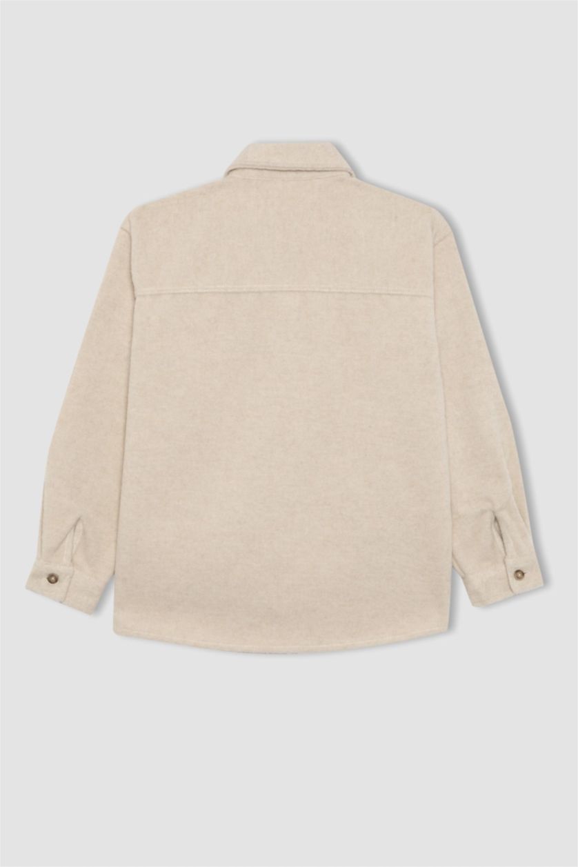 Erkek Çocuk - Genç Erkek Açık Bej Erkek Çocuk Oversize Geniş Kalıp Yün Görünümlü Uzun Kollu Gömlek