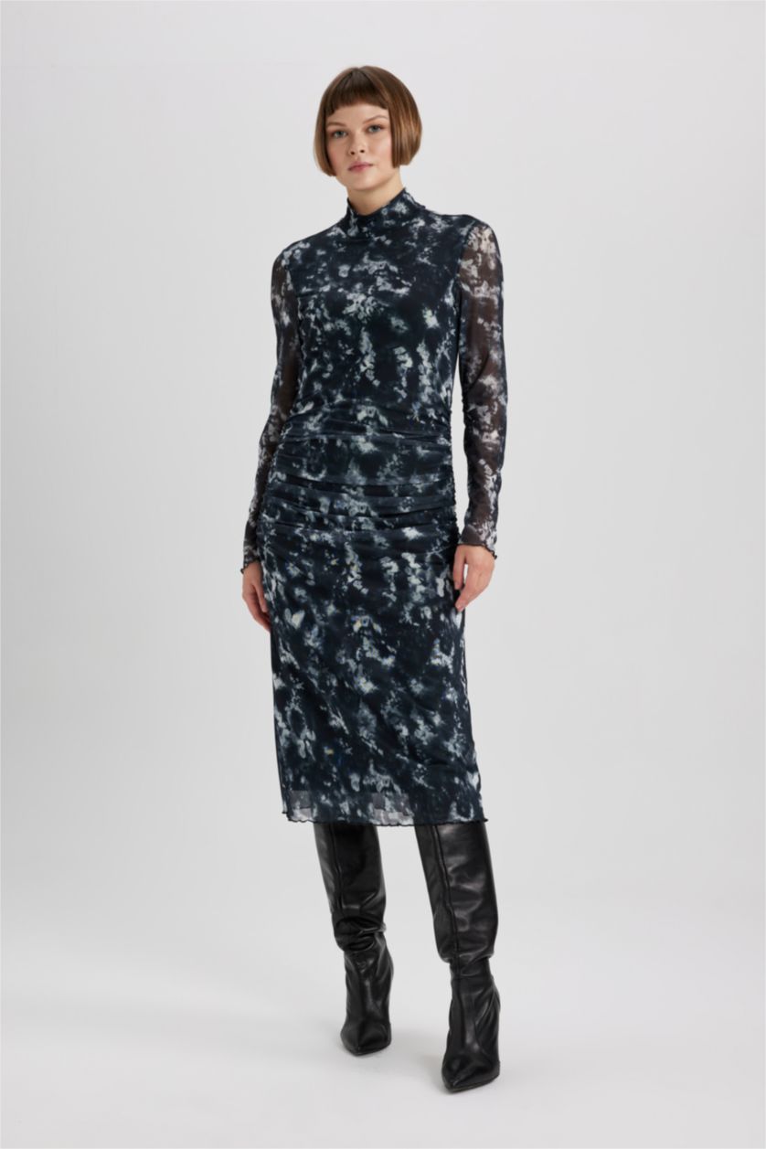 WOMAN Black Bodycon Half Turtleneck Batic Tulle Midi Dress