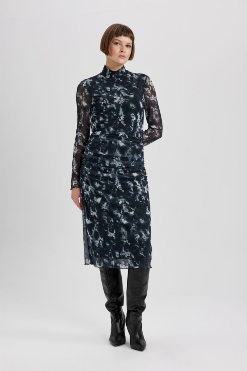 WOMAN Black Bodycon Half Turtleneck Batic Tulle Midi Dress