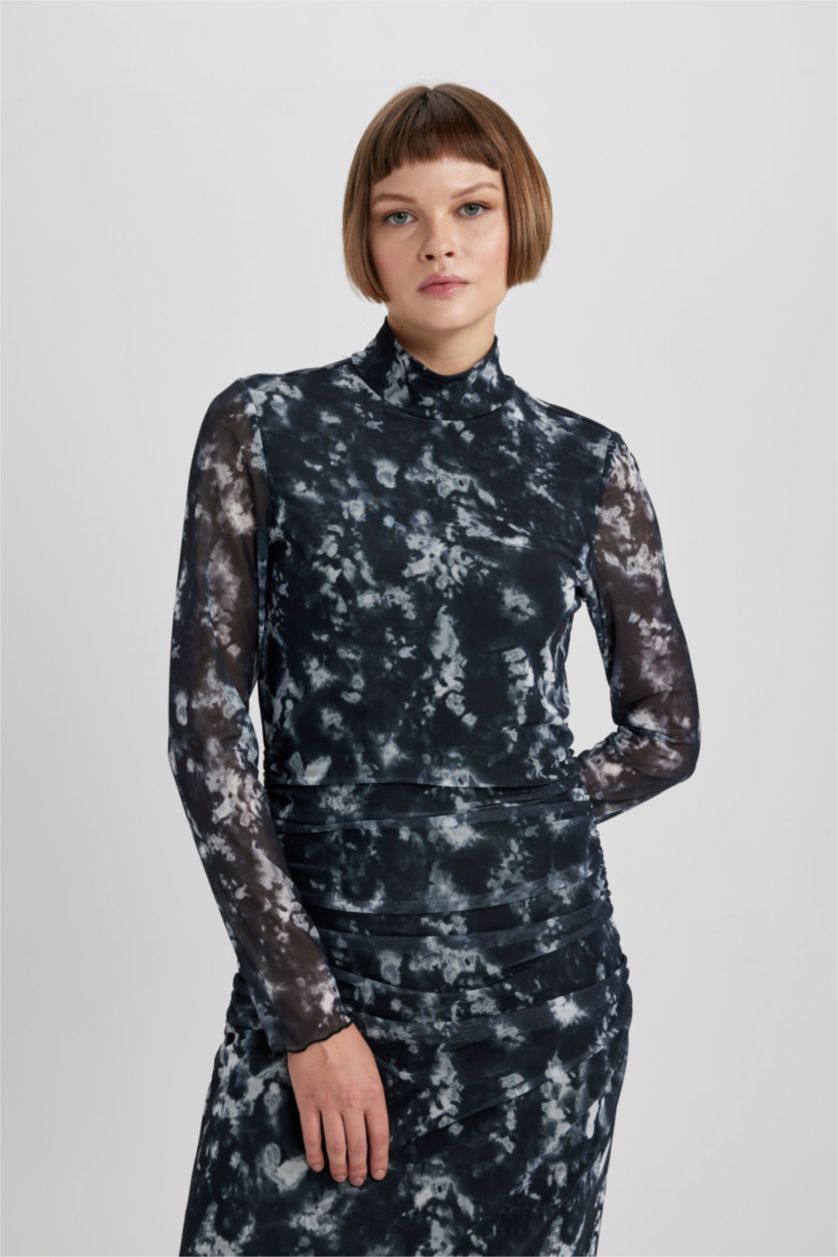 WOMAN Black Bodycon Half Turtleneck Batic Tulle Midi Dress