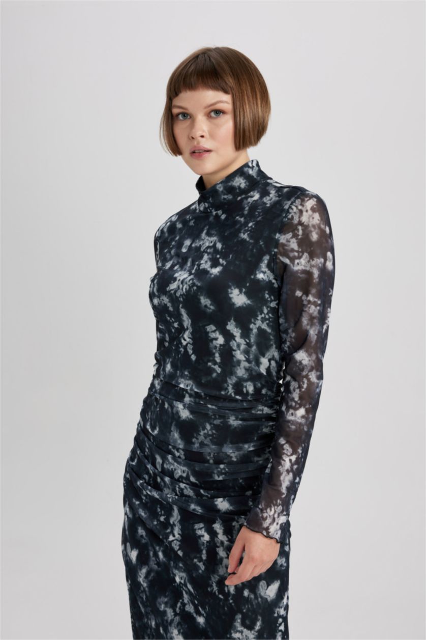 WOMAN Black Bodycon Half Turtleneck Batic Tulle Midi Dress