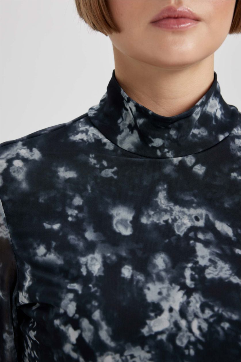 WOMAN Black Bodycon Half Turtleneck Batic Tulle Midi Dress