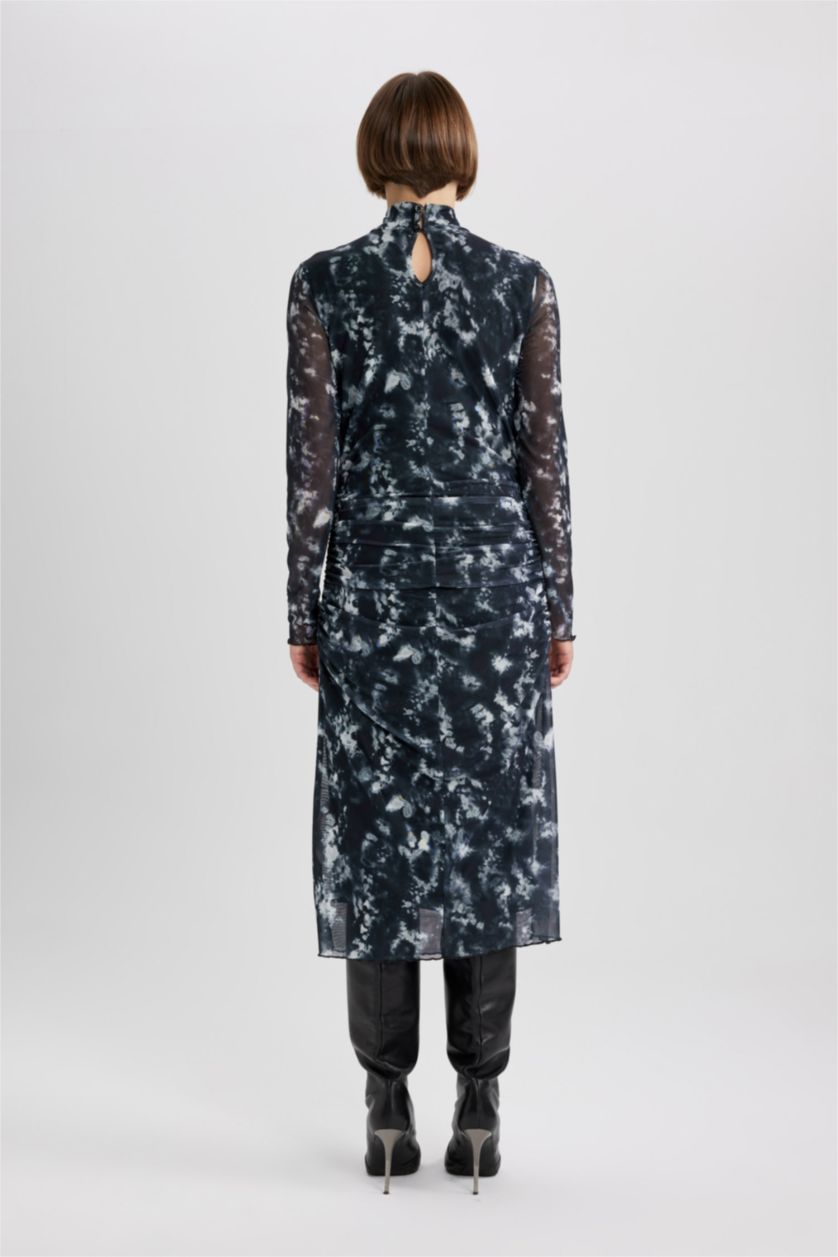 WOMAN Black Bodycon Half Turtleneck Batic Tulle Midi Dress