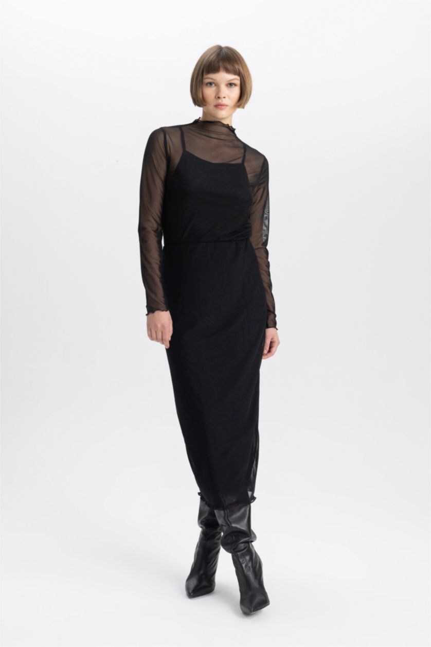 Women Black Pencil Skirt Midi