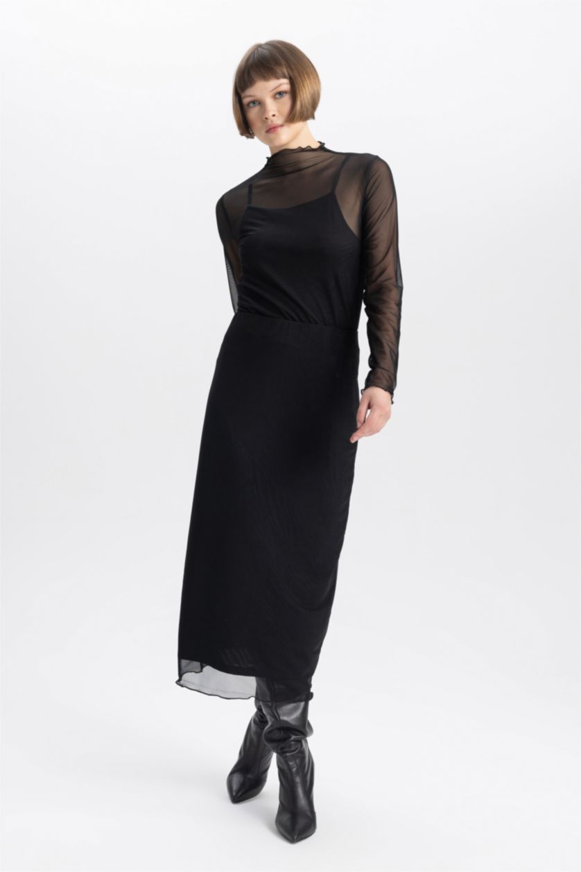 Women Black Pencil Skirt Midi