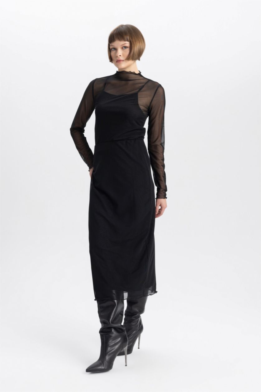 Women Black Pencil Skirt Midi