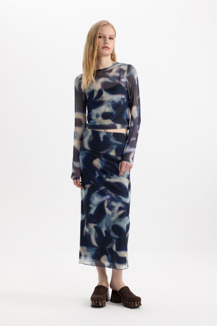 WOMAN Sax Batic Tulle Lined Normal Waist Midi Knitted Skirt