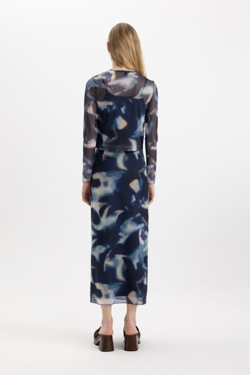 WOMAN Sax Batic Tulle Lined Normal Waist Midi Knitted Skirt