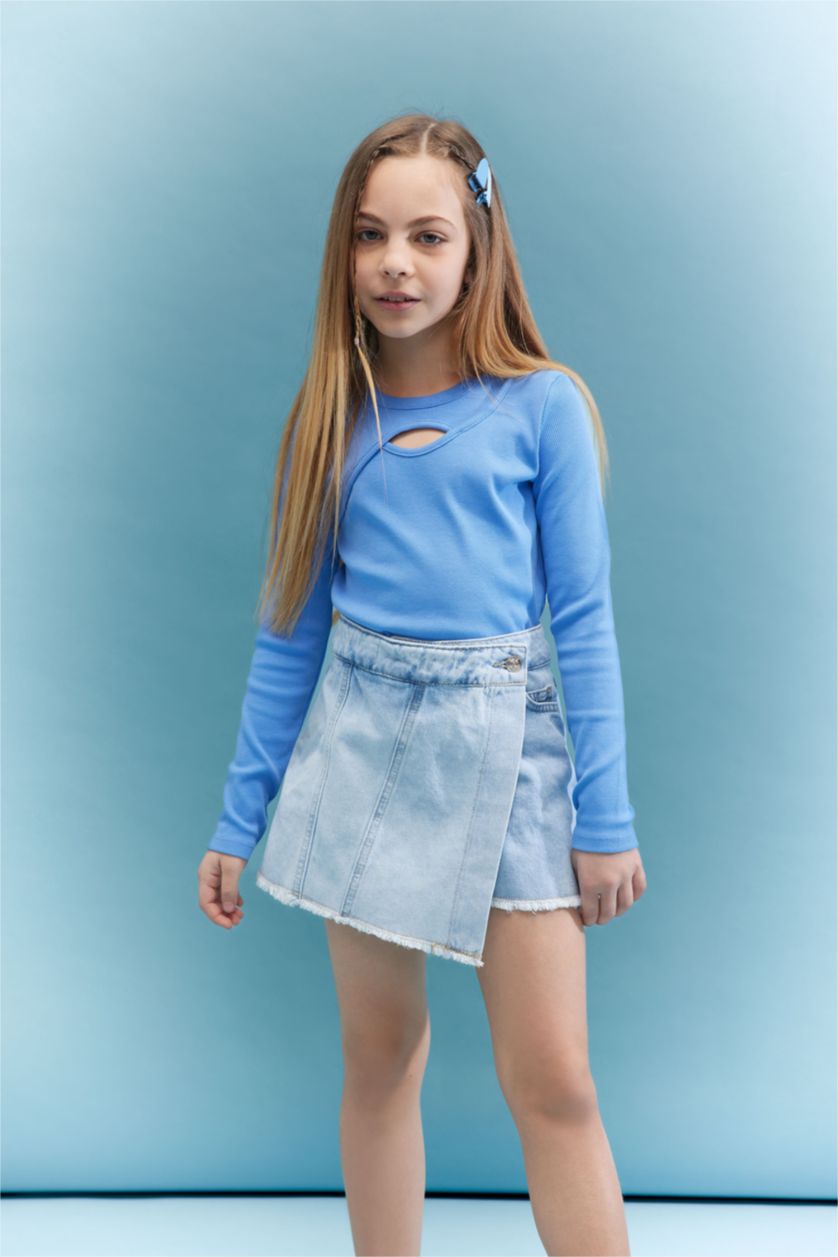 بناتي أزرق تيشيرت بناتي كم طويل مضلع سليم فيت وياقة مستديرة