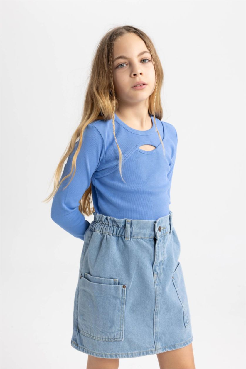 بناتي أزرق تيشيرت بناتي كم طويل مضلع سليم فيت وياقة مستديرة