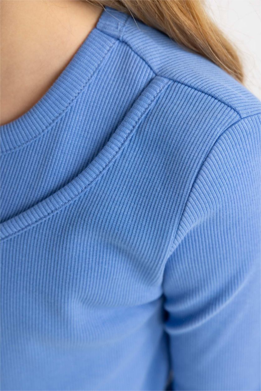 بناتي أزرق تيشيرت بناتي كم طويل مضلع سليم فيت وياقة مستديرة