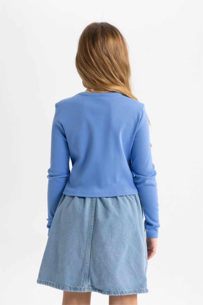 بناتي أزرق تيشيرت بناتي كم طويل مضلع سليم فيت وياقة مستديرة