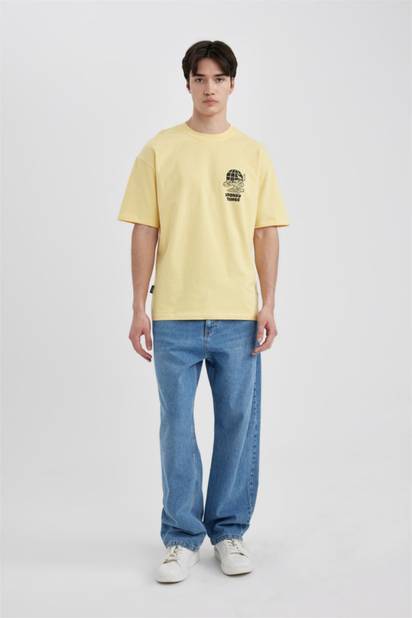 MAN Light Yellow Comfort Fit Looney Tunes Licensed Crew Neck Printed Short Sleeve T-Shirt