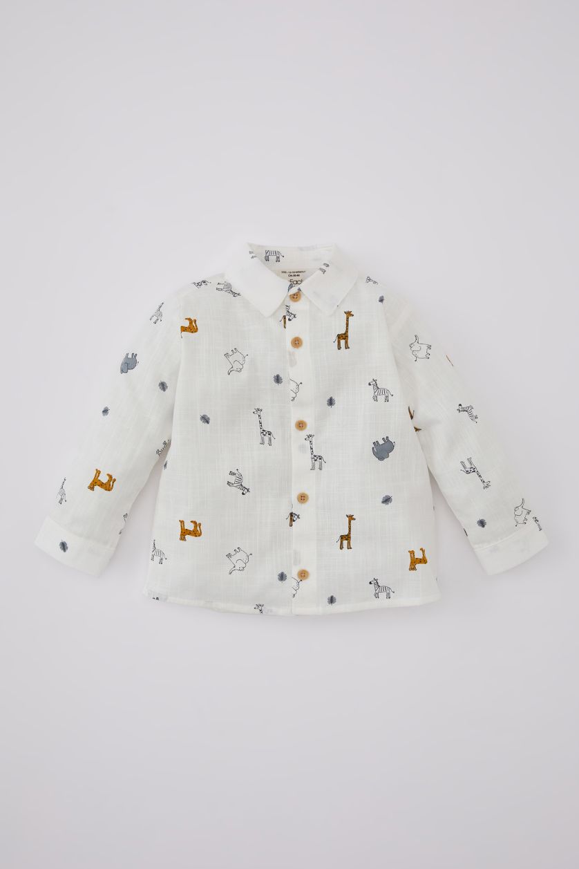 BABY BOY Ecru Baby Boy Patterned Voile Long Sleeve Shirt