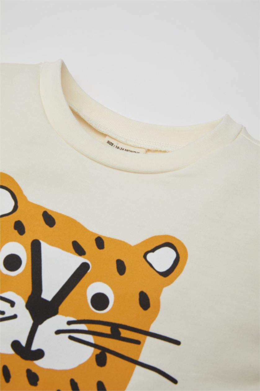 Erkek Bebek Ekru Erkek Bebek 2'li Takım Kaplan Baskılı Sweatshirt Jean Pantolon