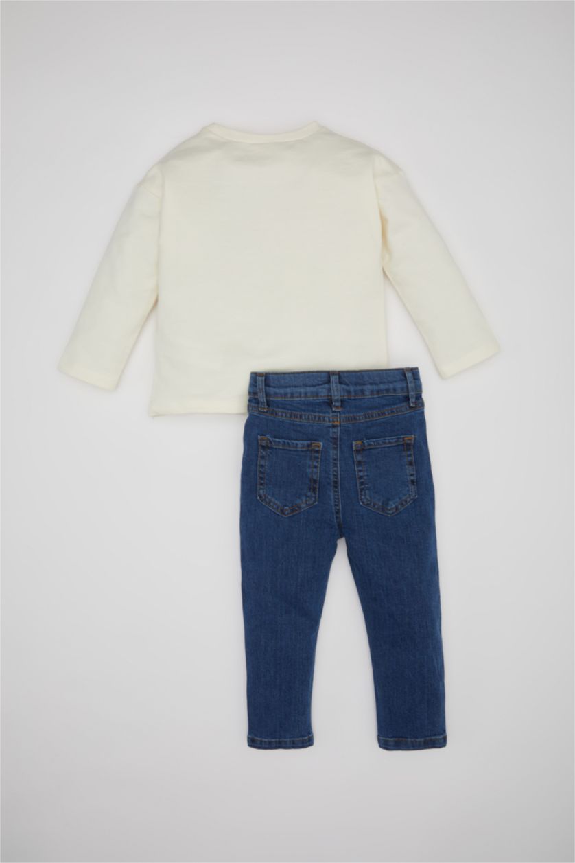 Erkek Bebek Ekru Erkek Bebek 2'li Takım Kaplan Baskılı Sweatshirt Jean Pantolon