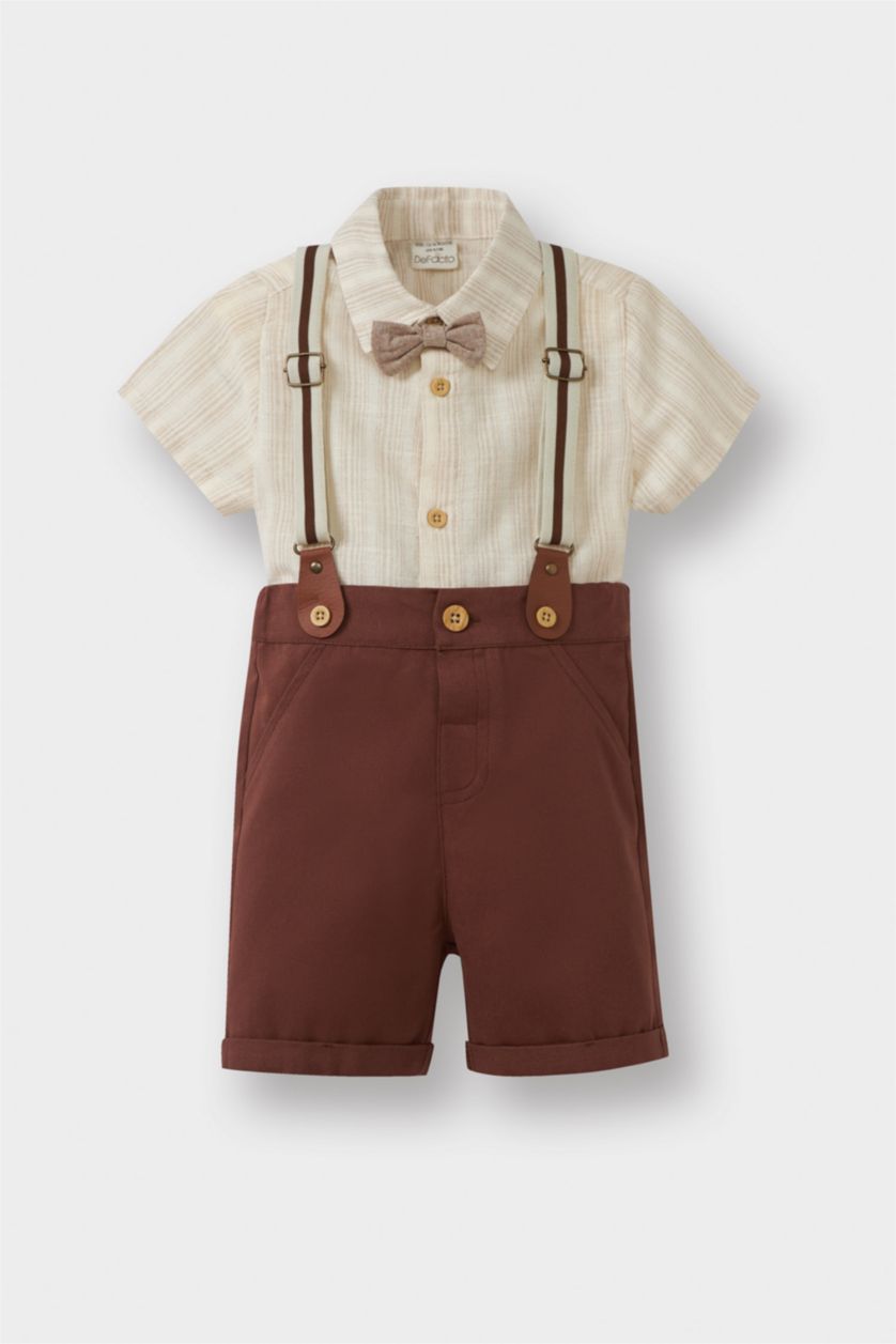 BABY BOY Ecru Baby Boy Striped Shirt Shorts Bow Tie Suspenders 4 Piece Set