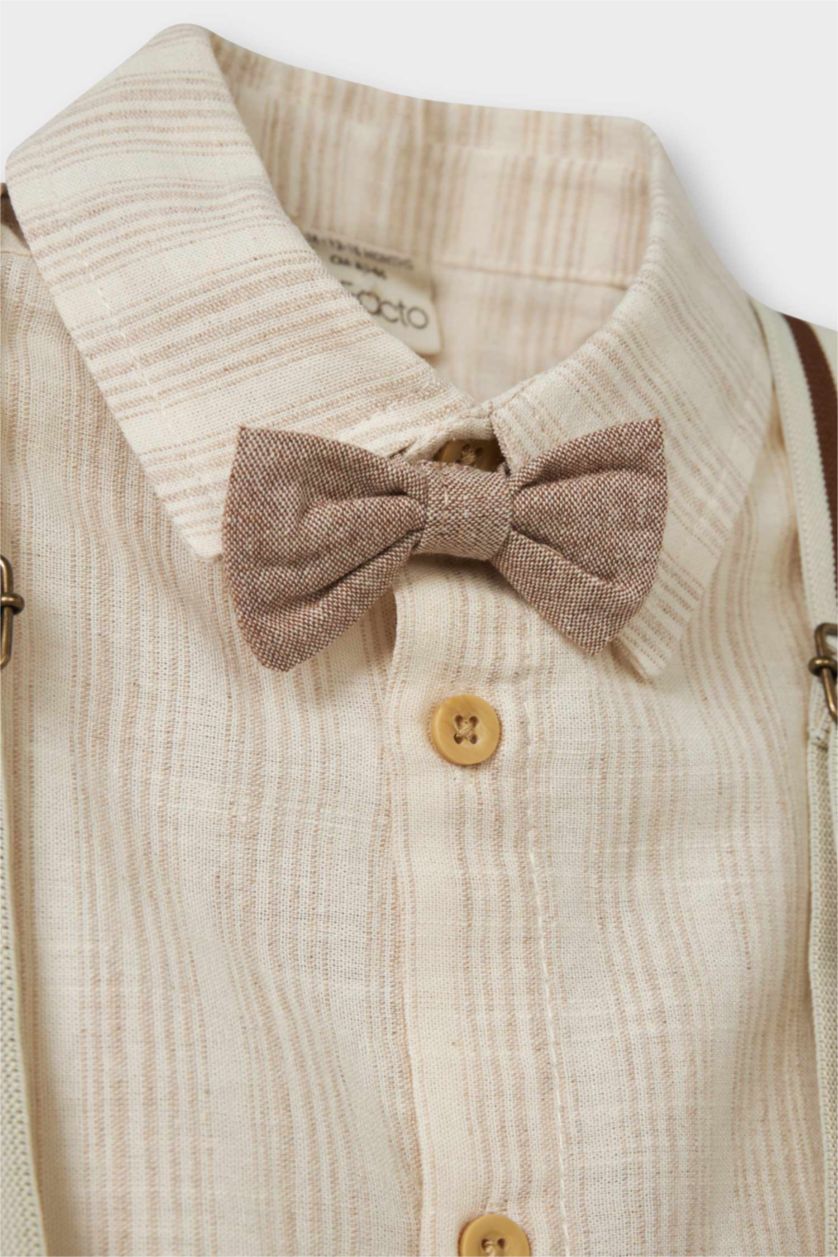 BABY BOY Ecru Baby Boy Striped Shirt Shorts Bow Tie Suspenders 4 Piece Set