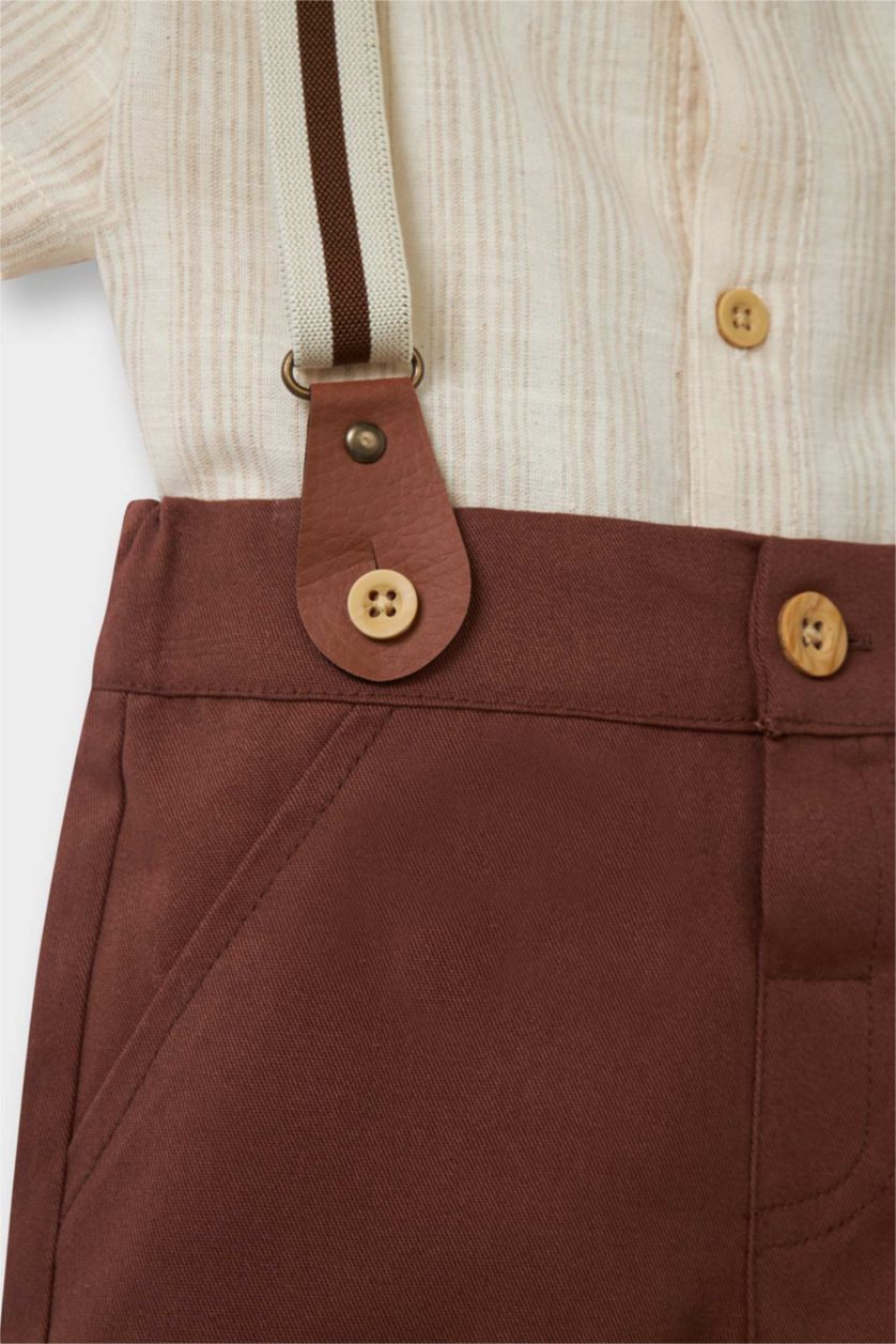 BABY BOY Ecru Baby Boy Striped Shirt Shorts Bow Tie Suspenders 4 Piece Set