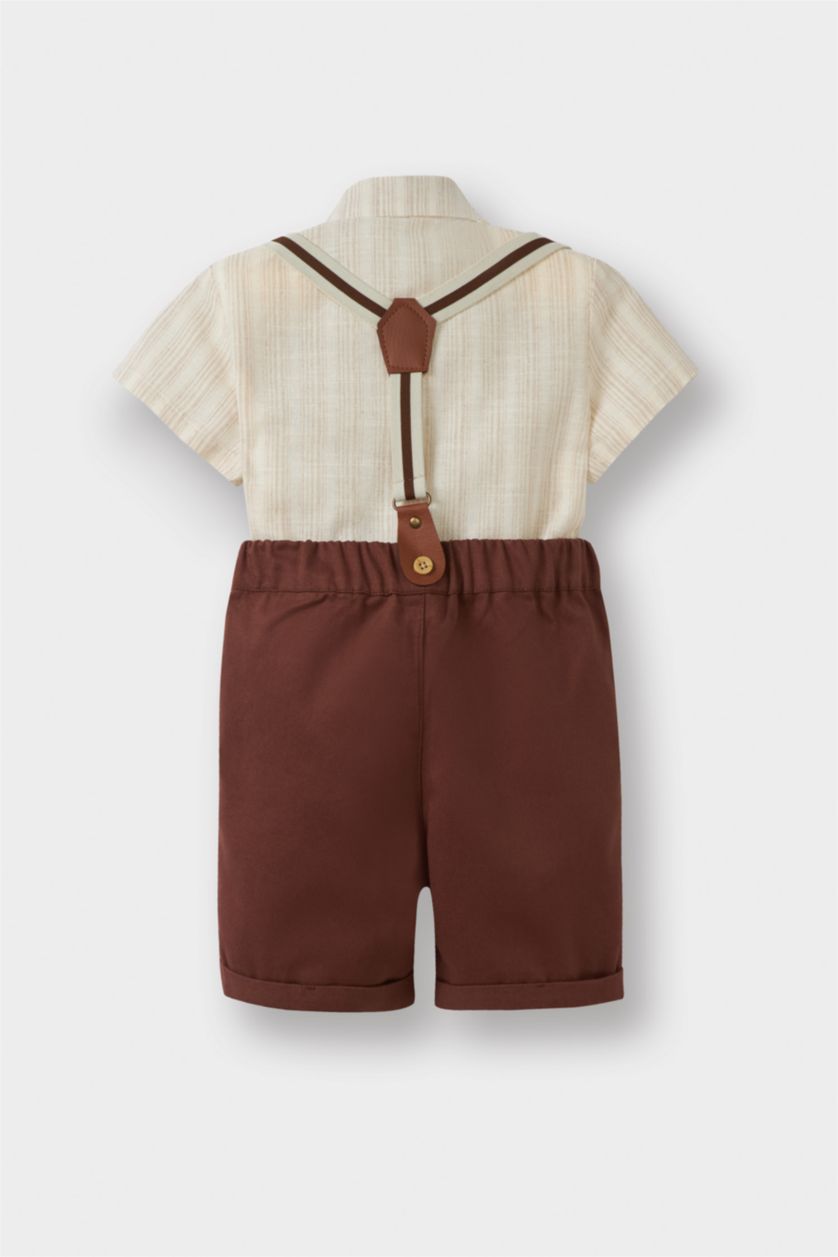 BABY BOY Ecru Baby Boy Striped Shirt Shorts Bow Tie Suspenders 4 Piece Set