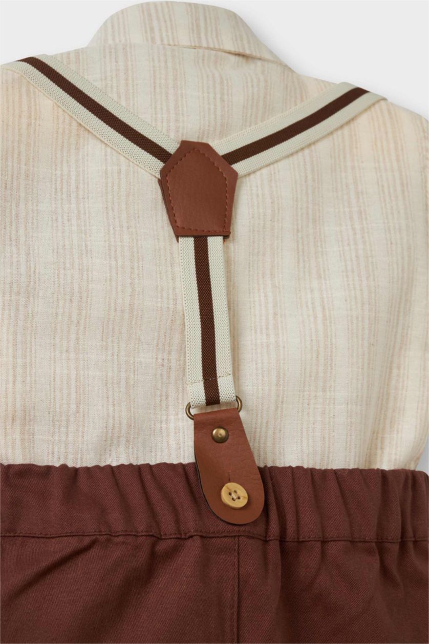 BABY BOY Ecru Baby Boy Striped Shirt Shorts Bow Tie Suspenders 4 Piece Set