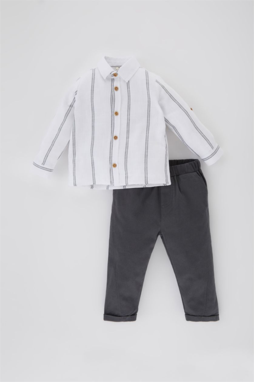 BÉBÉ GARÇON Blanc Ensemble De Chemise Mousseline à Rayures et Pantalon pour Bébé Garçon - 2 Pièces