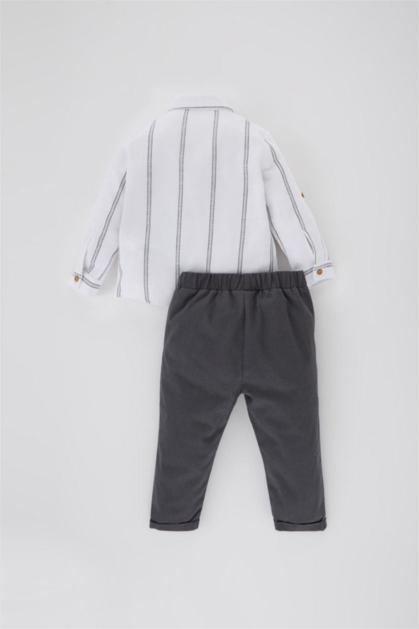 BÉBÉ GARÇON Blanc Ensemble De Chemise Mousseline à Rayures et Pantalon pour Bébé Garçon - 2 Pièces