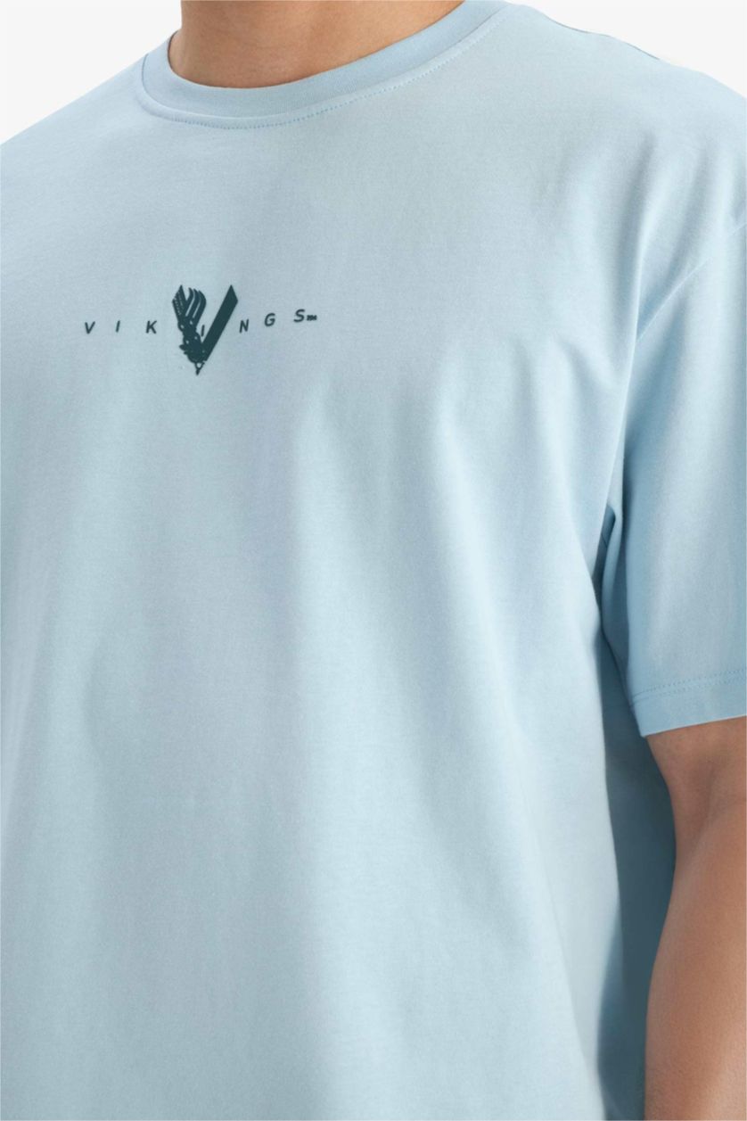 رجالي أزرق تيشيرت قطن قصة مريحة مطبوع برقبة مستديرة