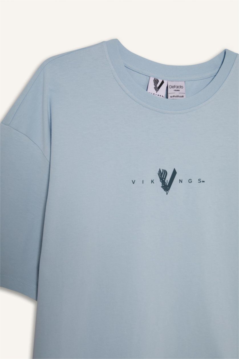 رجالي أزرق تيشيرت قطن قصة مريحة مطبوع برقبة مستديرة