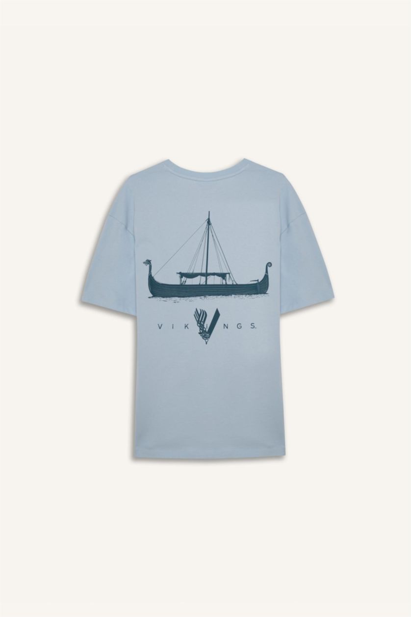 رجالي أزرق تيشيرت قطن قصة مريحة مطبوع برقبة مستديرة