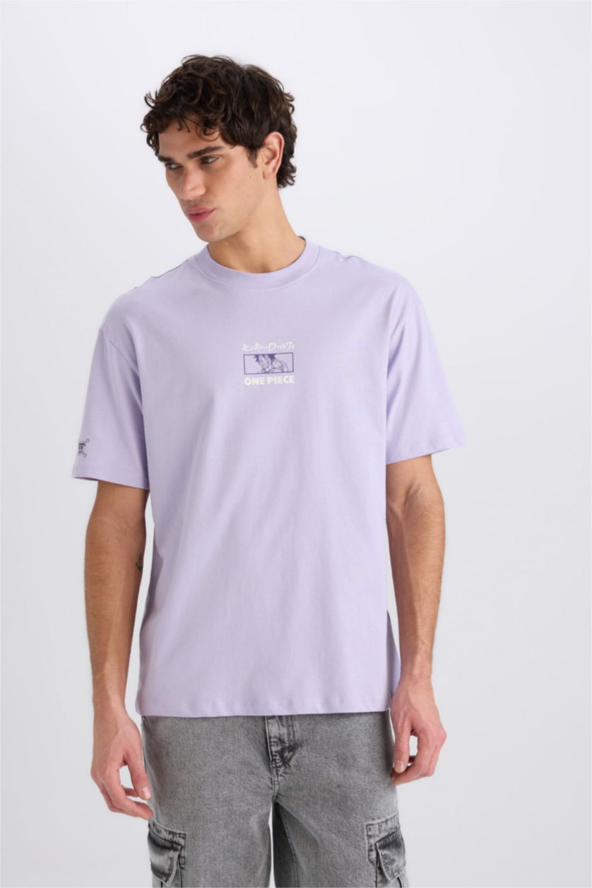 رجالي أرجواني تيشيرت قطن اوفر سايز نص كم مطبوع برقبة مستديرة من ون بيس