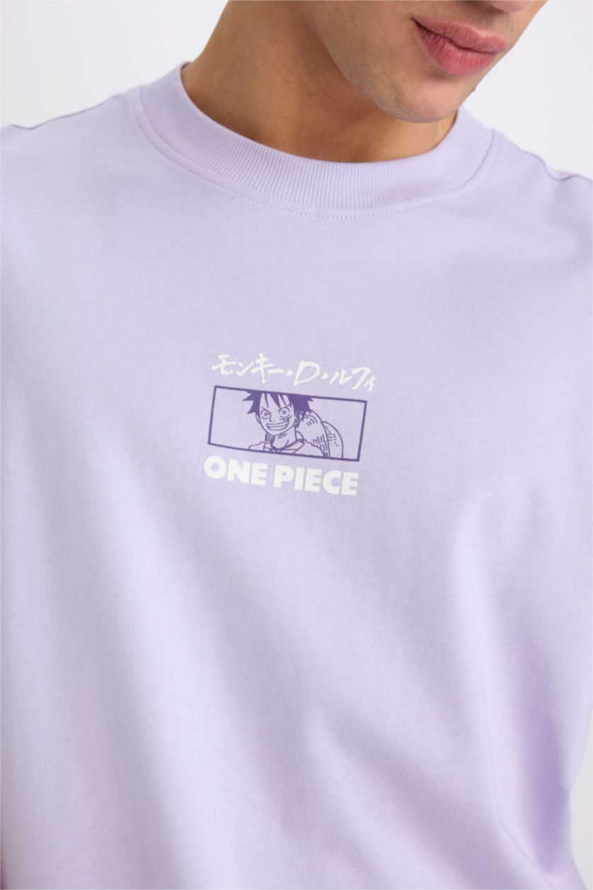 رجالي أرجواني تيشيرت قطن اوفر سايز نص كم مطبوع برقبة مستديرة من ون بيس