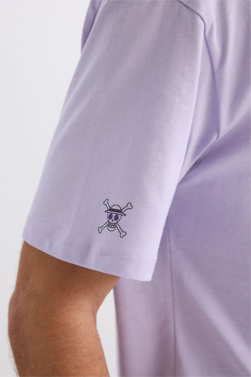 رجالي أرجواني تيشيرت قطن اوفر سايز نص كم مطبوع برقبة مستديرة من ون بيس