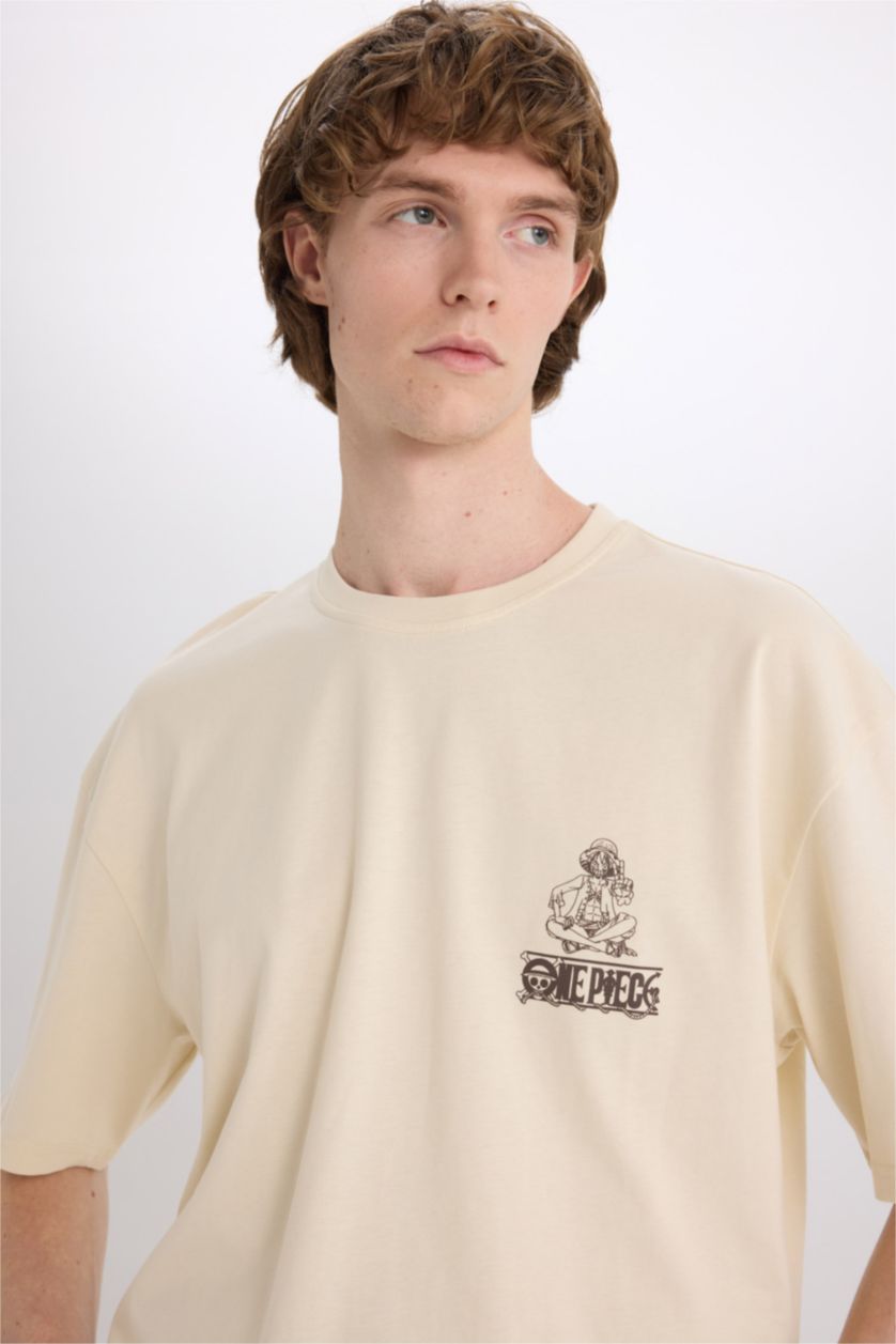 Erkek Kum %100 Pamuk One Piece Oversize Geniş Kalıp Bisiklet Yaka Sırt Baskılı Kısa Kollu Tişört
