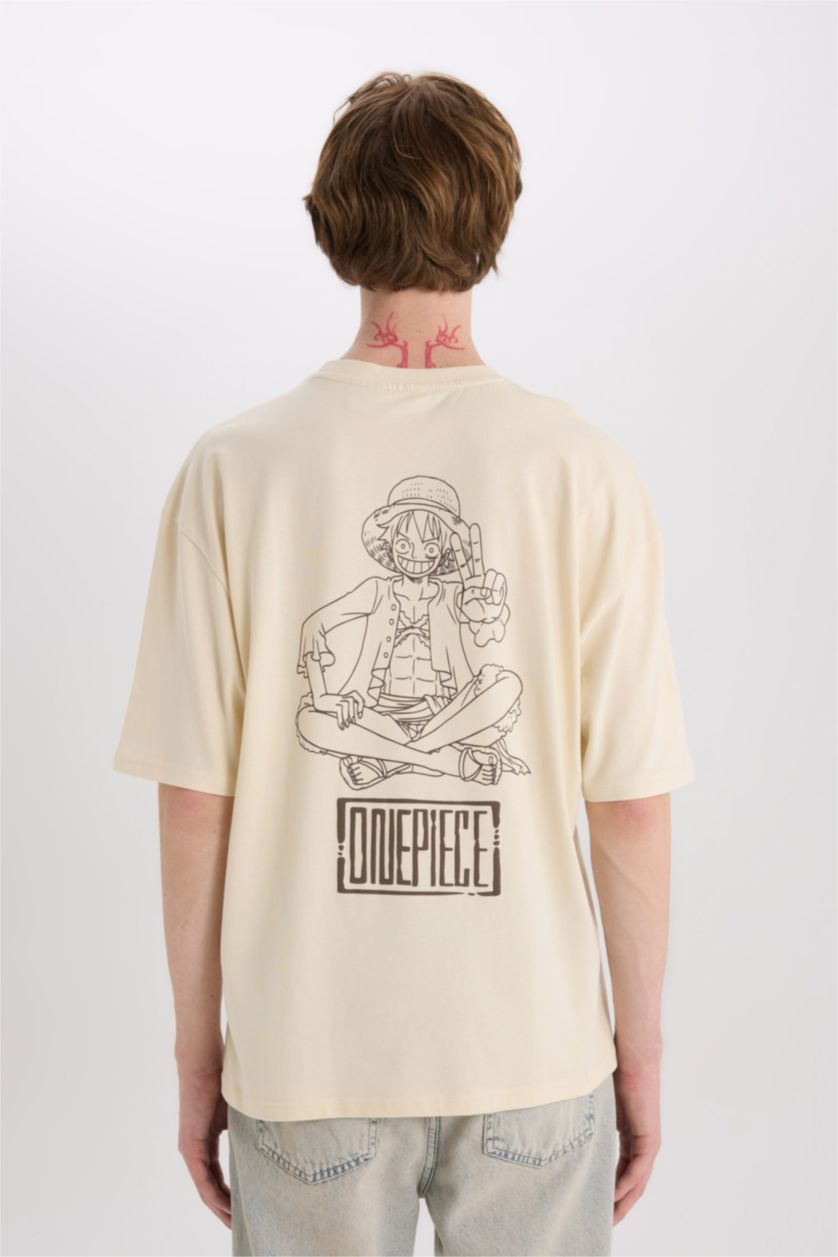 Erkek Kum %100 Pamuk One Piece Oversize Geniş Kalıp Bisiklet Yaka Sırt Baskılı Kısa Kollu Tişört