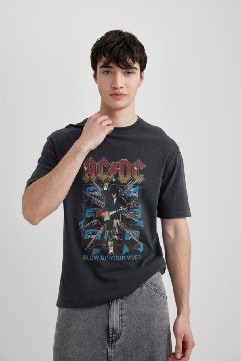 Man Anthracite Regular Fit AC/DC Licensed Crew Neck Printed Short Sleeve T-Shirt