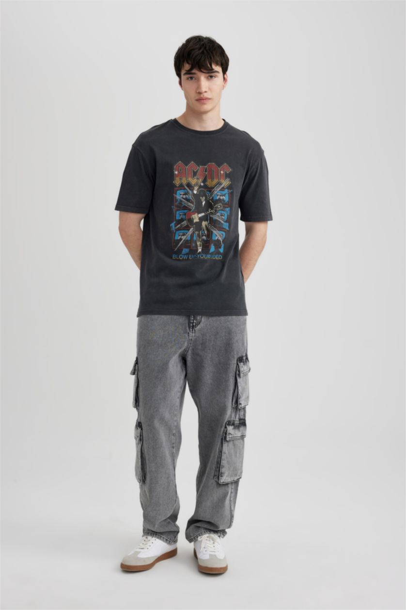 Man Anthracite Regular Fit AC/DC Licensed Crew Neck Printed Short Sleeve T-Shirt