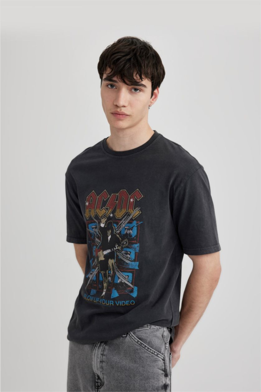 Man Anthracite Regular Fit AC/DC Licensed Crew Neck Printed Short Sleeve T-Shirt