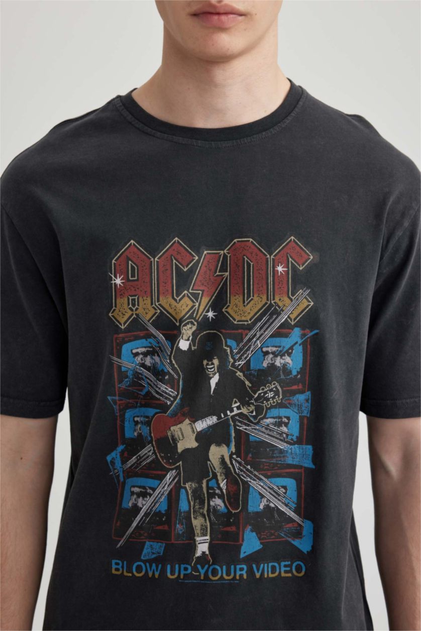 Man Anthracite Regular Fit AC/DC Licensed Crew Neck Printed Short Sleeve T-Shirt