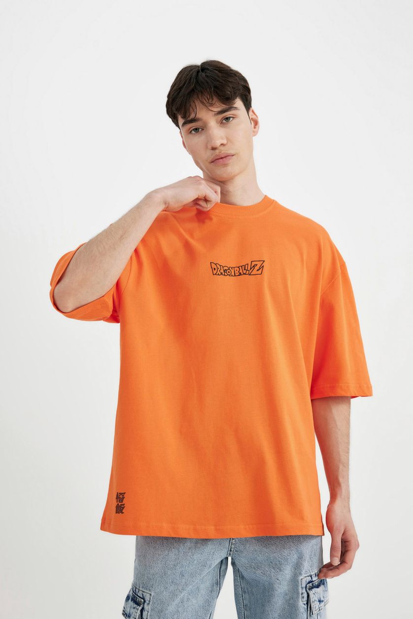 Erkek Turuncu %100 Pamuk Dragon Ball Loose Fit Bisiklet Yaka Kısa Kollu Tişört