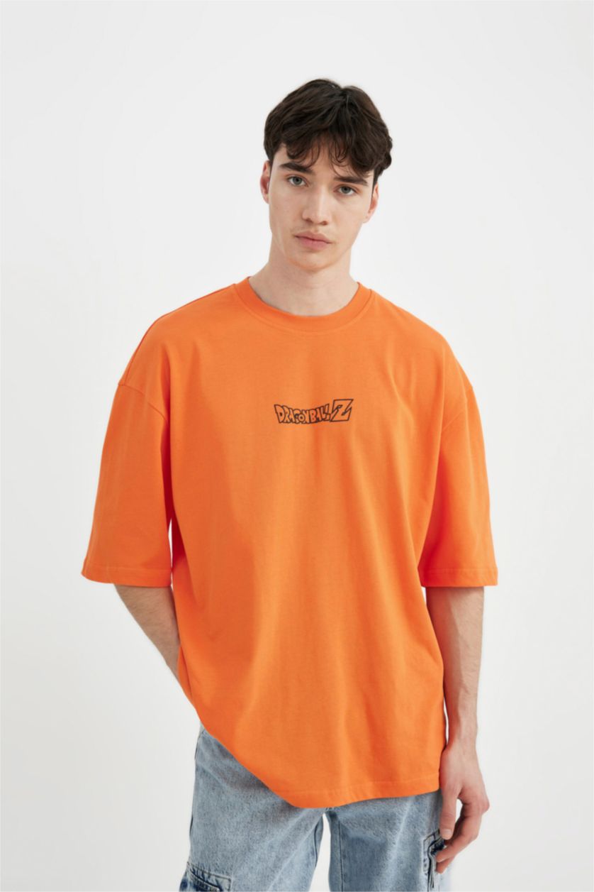 Erkek Turuncu %100 Pamuk Dragon Ball Loose Fit Bisiklet Yaka Kısa Kollu Tişört