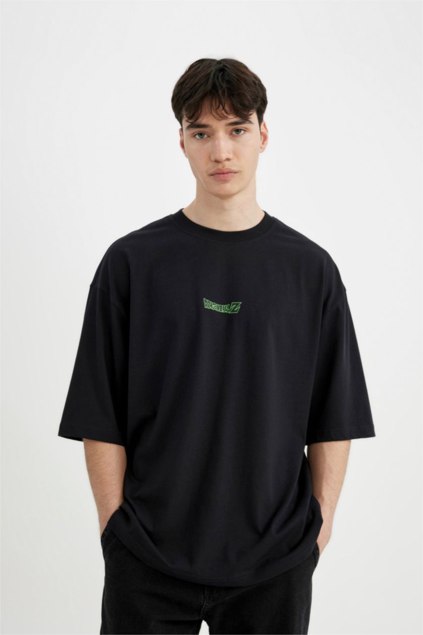 رجال أسود تيشيرت جيرسي مطبوع قصة فضفاضة بياخة مستديرة