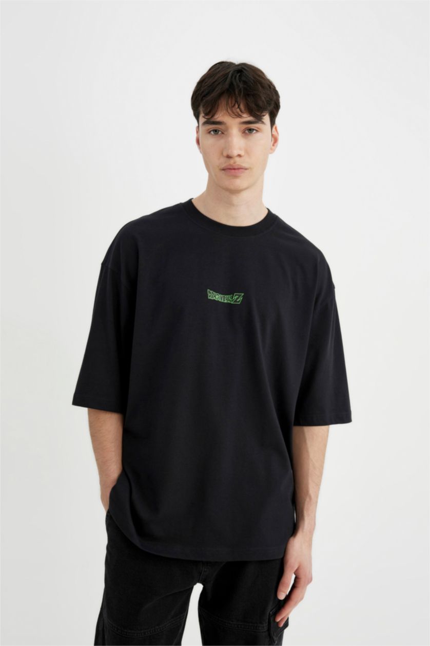 رجال أسود تيشيرت جيرسي مطبوع قصة فضفاضة بياخة مستديرة