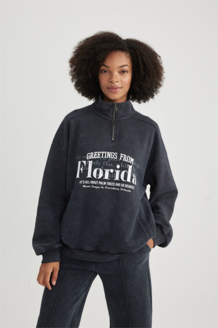 WOMAN Anthracite Half Zipper Printed Thick Fabric Washable Effect Sweatshirt